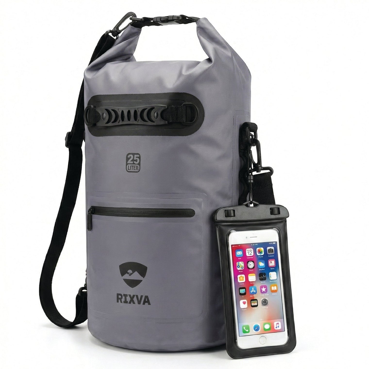 RIXVA 25L grey waterproof dry bag with roll-top closure, exterior pocket, and included clear phone pouch