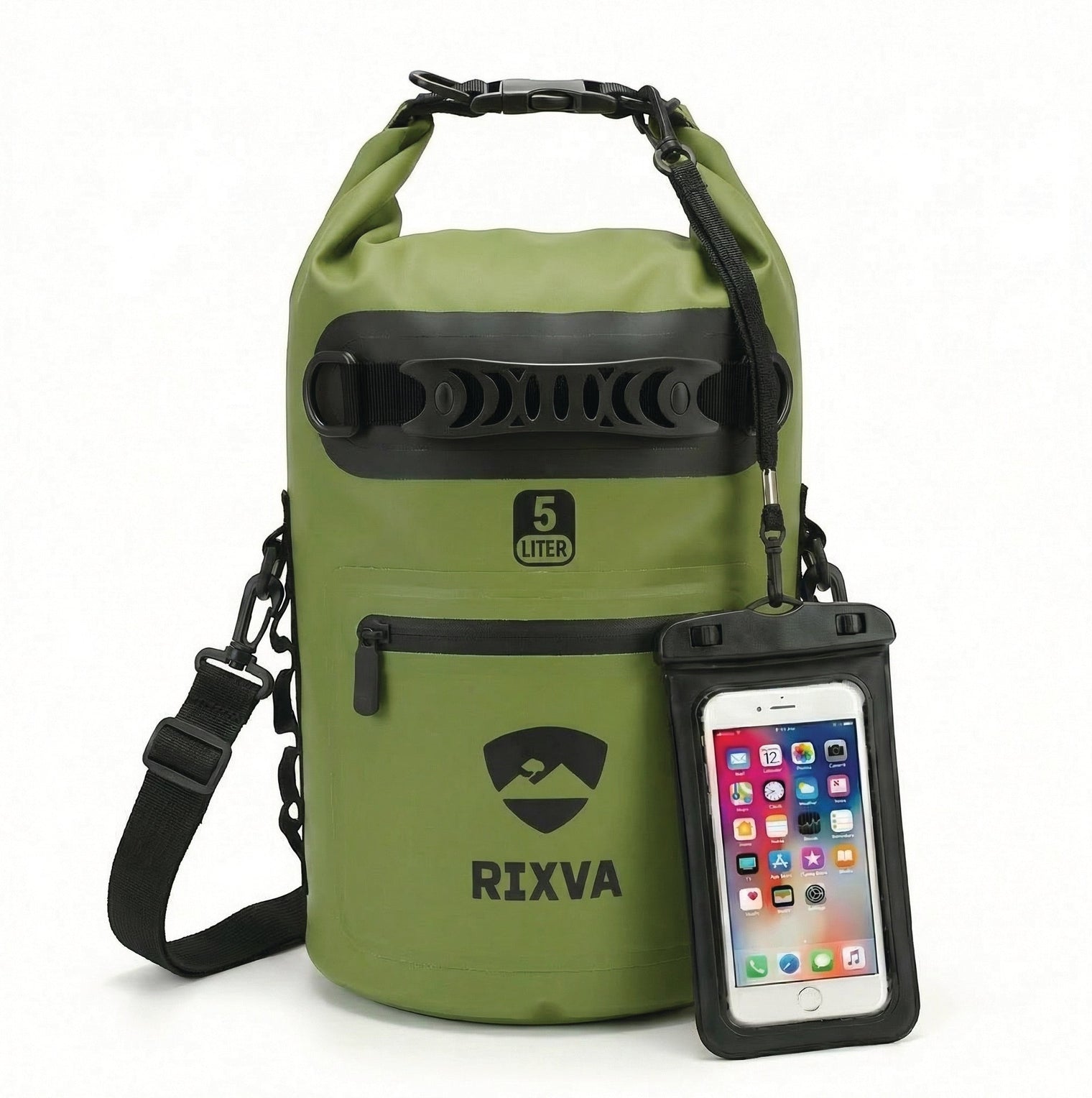 RIXVA 5L olive green waterproof dry bag with roll-top closure, carry handle, exterior pocket, and phone pouch.