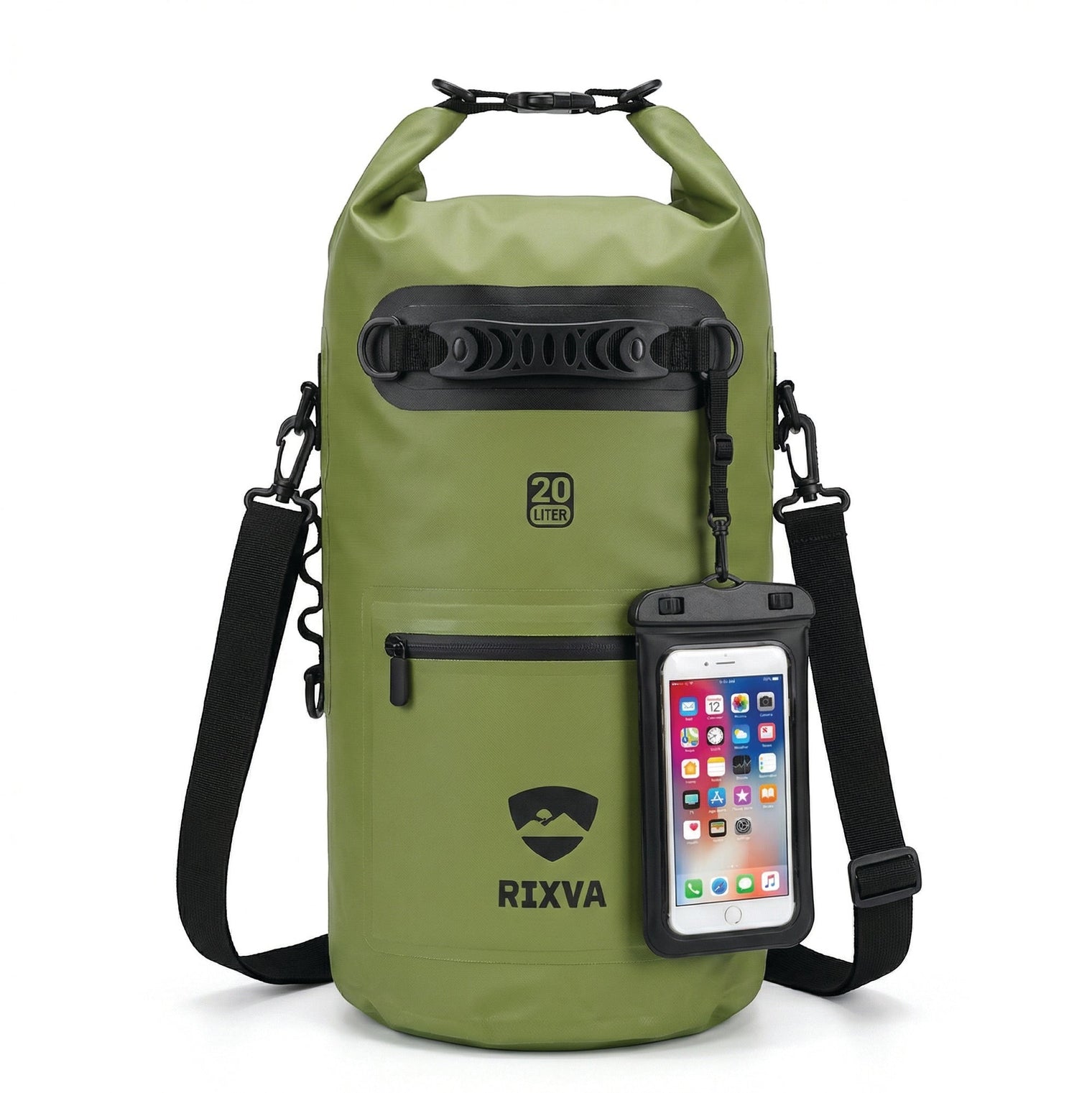 RIXVA 20L olive green waterproof dry bag with roll-top closure, carry handle, front pocket, and phone pouch.