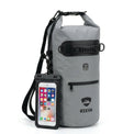 RIXVA 10L grey waterproof dry bag with roll-top closure, carry handle, exterior pocket, and phone pouch.