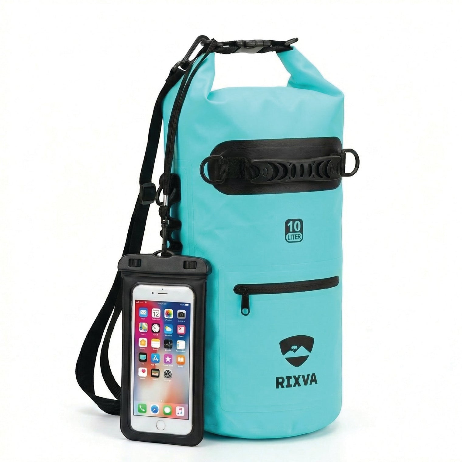 RIXVA 10L waterproof dry bag in light blue PVC with roll-top closure, carry handle, front pocket, and phone pouch.