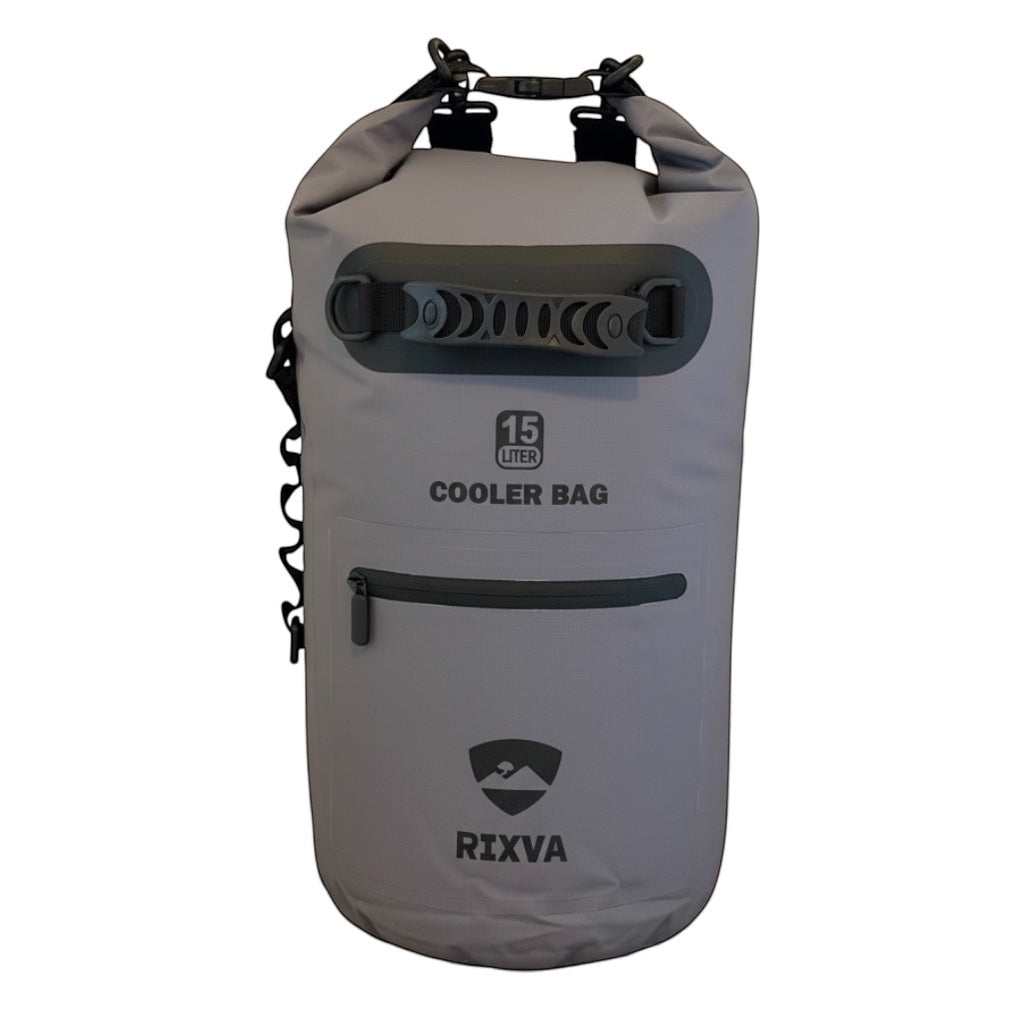 RIXVA 15L grey waterproof insulated cooler bag with roll-top closure and front zipper pocket
