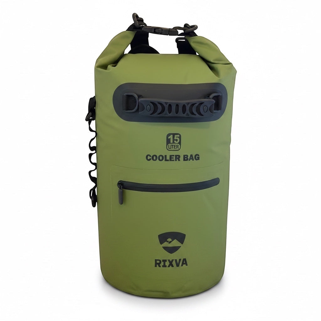 RIXVA 15L olive green waterproof insulated cooler bag with roll-top closure and front zipper pocket.