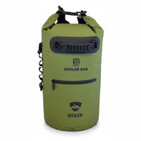 RIXVA 15L olive green waterproof insulated cooler bag with roll-top closure and front zipper pocket.