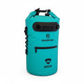 RIXVA 15L waterproof insulated cooler bag in turquoise with a roll-top closure, front zipper pocket, and carry handle.