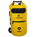RIXVA 15L yellow waterproof insulated cooler bag with roll-top closure, shoulder strap, and front zipper pocket.