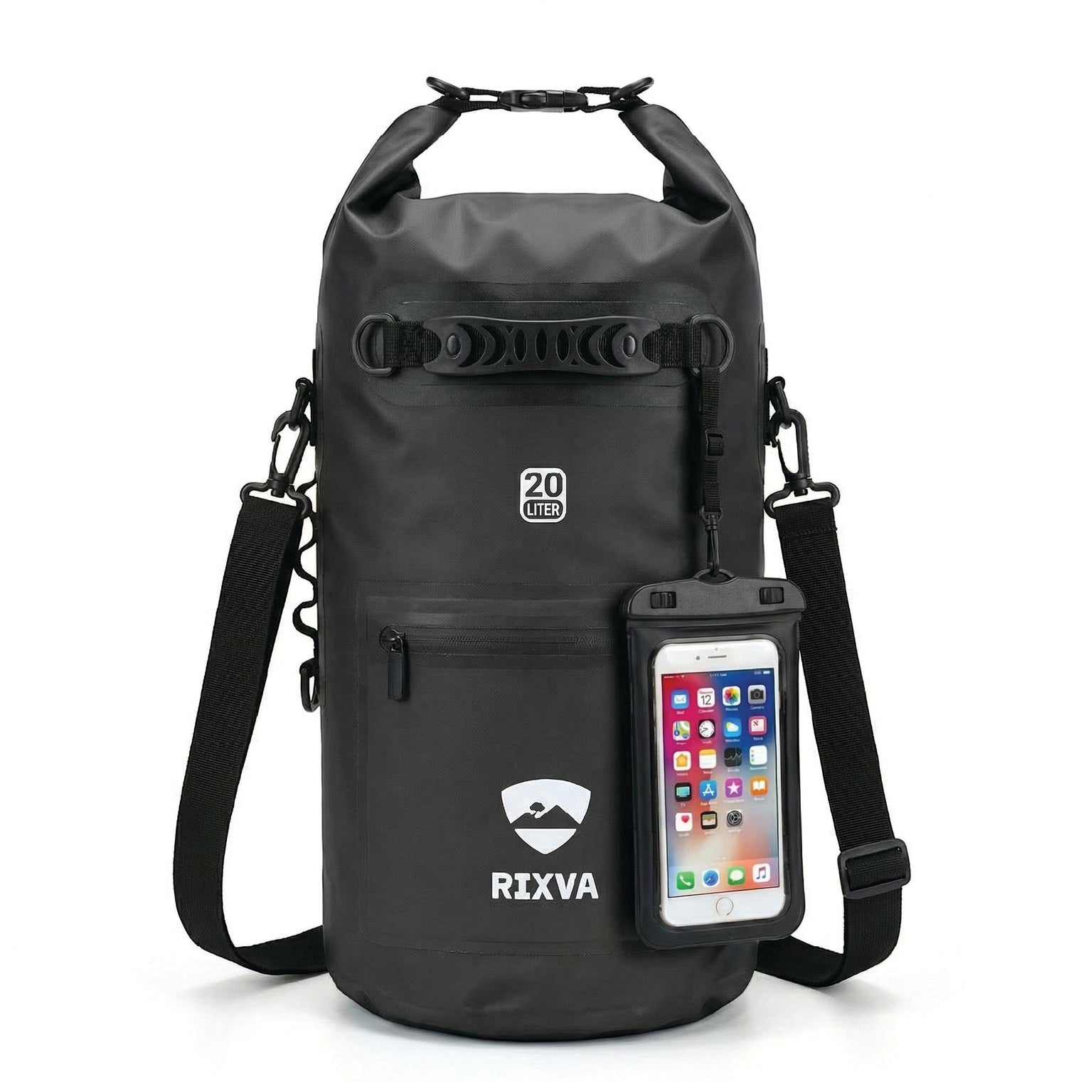 RIXVA 20L black waterproof dry bag made of 500D PVC with roll-top closure, carry handle, and phone pouch.