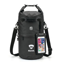 RIXVA 20L black waterproof dry bag made of 500D PVC with roll-top closure, carry handle, and phone pouch.