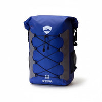 RIXVA 35L blue waterproof PVC backpack with roll-top closure and front elastic bungee storage system.