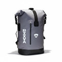 RIXVA 35L grey waterproof PVC backpack with roll-top closure, front zipper pocket, and black base on white background