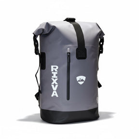 RIXVA 35L grey waterproof PVC backpack with roll-top closure, front zipper pocket, and black base on white background