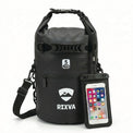 RIXVA 5L black waterproof dry bag with roll-top closure, carry handle, MOLLE system, and phone pouch.