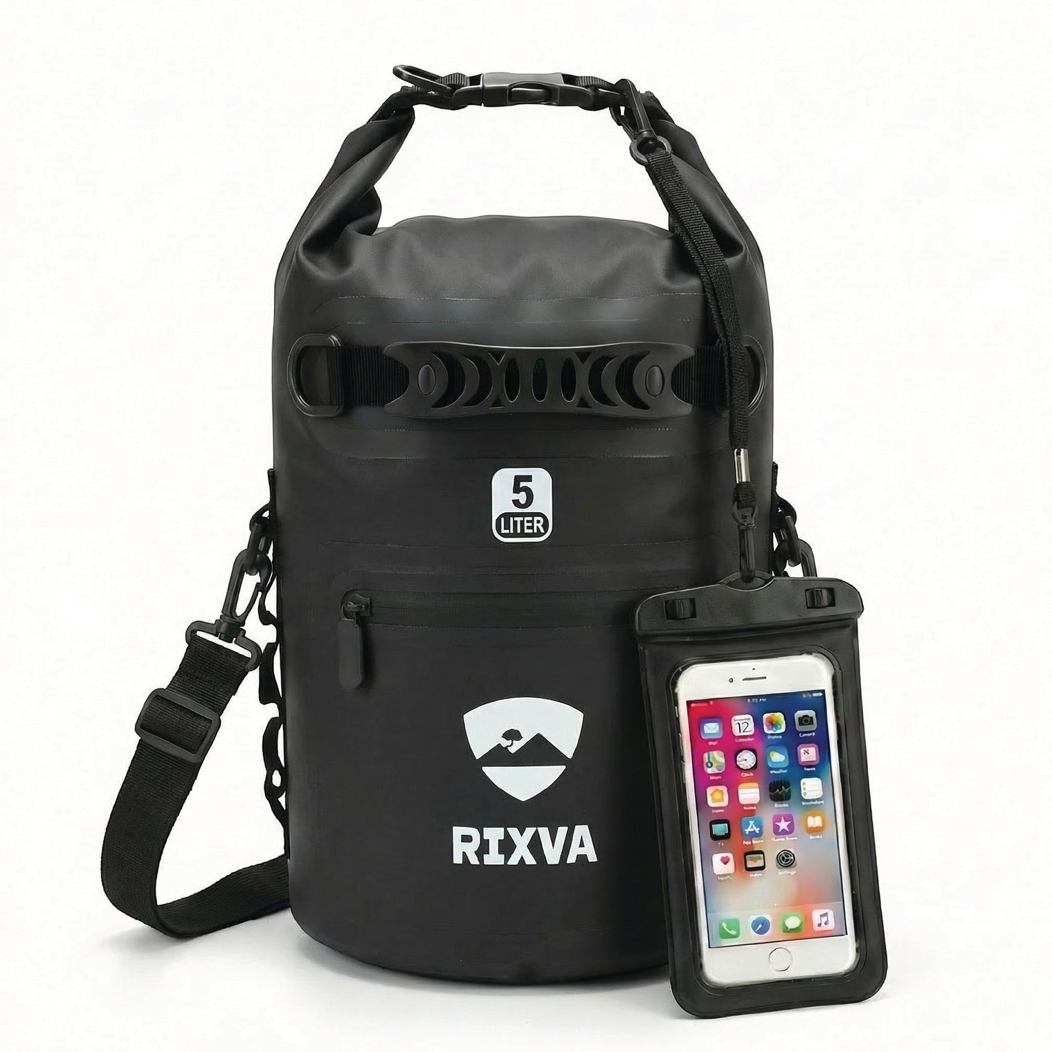 RIXVA 5L black waterproof dry bag with roll-top closure, carry handle, MOLLE system, and phone pouch.