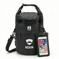 RIXVA 5L black waterproof dry bag with roll-top closure, carry handle, MOLLE system, and phone pouch.
