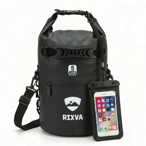RIXVA 5L black waterproof dry bag with roll-top closure, carry handle, MOLLE system, and phone pouch.