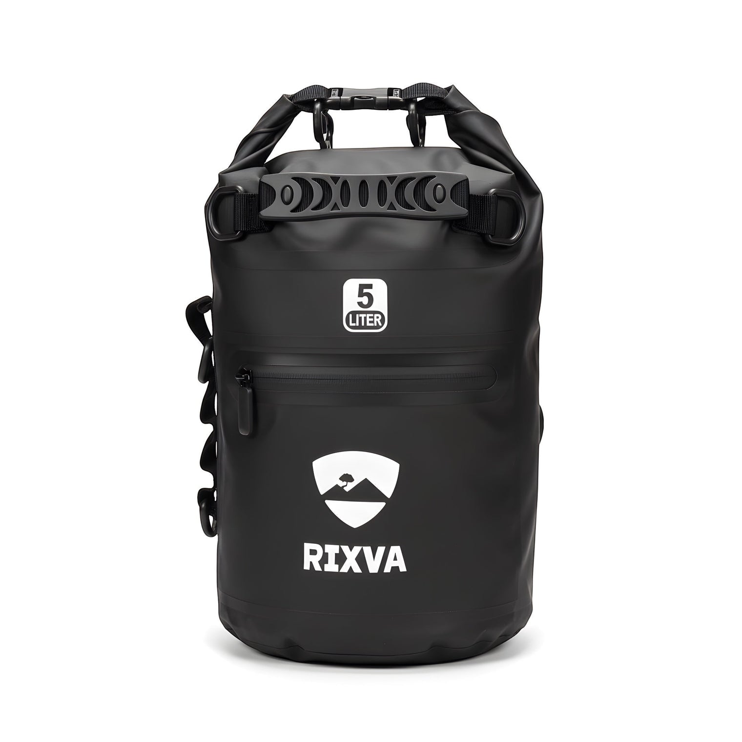 RIXVA 5L black waterproof dry bag with roll-top closure, exterior pocket, and MOLLE system for outdoor gear protection.