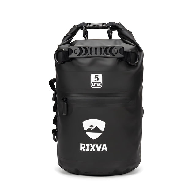 RIXVA 5L black waterproof dry bag with roll-top closure, exterior pocket, and MOLLE system for outdoor gear protection.