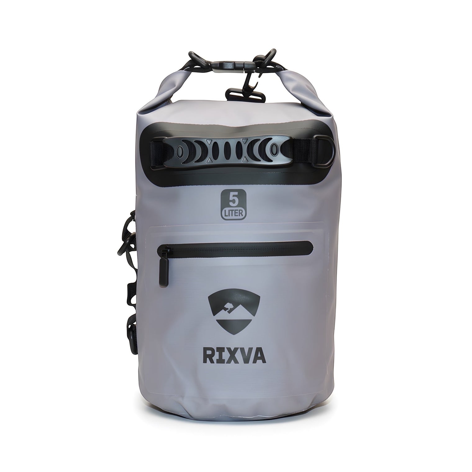 RIXVA 5L waterproof dry bag in grey 500D PVC with roll-top closure, carry handle, and exterior zipper pocket.