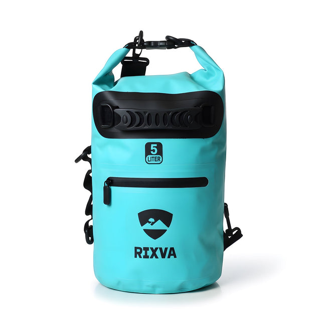 RIXVA 5L waterproof dry bag in light blue PVC with roll-top closure, front zipper pocket, and carry handle.