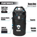 RIXVA 5L waterproof dry bag in black 500D PVC with roll-top closure, carry handle, MOLLE system, and exterior pocket.