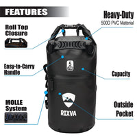 RIXVA 5L waterproof dry bag in black 500D PVC with roll-top closure, carry handle, MOLLE system, and exterior pocket.