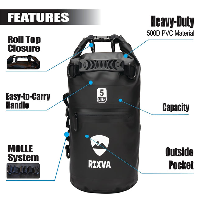 RIXVA 5L waterproof dry bag in black 500D PVC with roll-top closure, carry handle, MOLLE system, and exterior pocket.