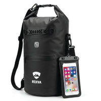RIXVA 25L black waterproof dry bag with roll-top closure, exterior pocket, and a matching waterproof phone pouch.