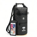 RIXVA 10L black waterproof dry bag with roll-top closure, carry handle, front pocket, and attached phone pouch.