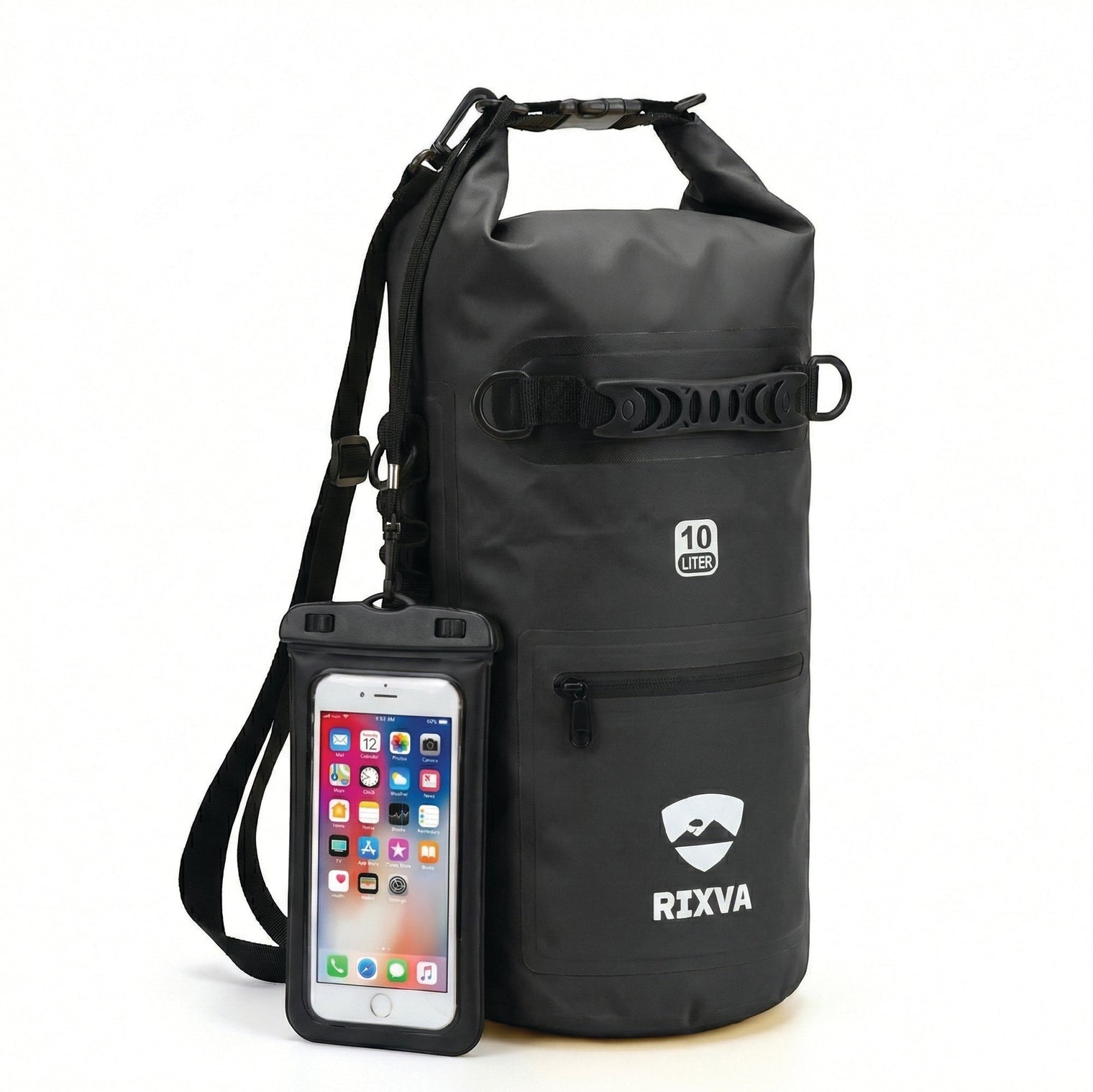RIXVA 10L black waterproof dry bag with roll-top closure, carry handle, front pocket, and attached phone pouch.