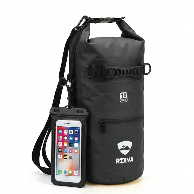 RIXVA 10L black waterproof dry bag with roll-top closure, carry handle, front pocket, and attached phone pouch.