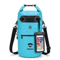 RIXVA 20L waterproof dry bag in bright blue PVC with roll-top closure, carry handle, and attached phone pouch.