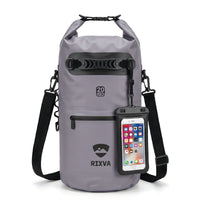RIXVA 20L grey waterproof dry bag with roll-top closure, carry handle, MOLLE system, and attached phone pouch.