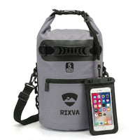 RIXVA 5L grey waterproof dry bag with roll-top closure, carry handle, MOLLE system, and attached phone pouch.