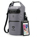 RIXVA 25L grey waterproof dry bag with roll-top closure, exterior pocket, and included clear phone pouch