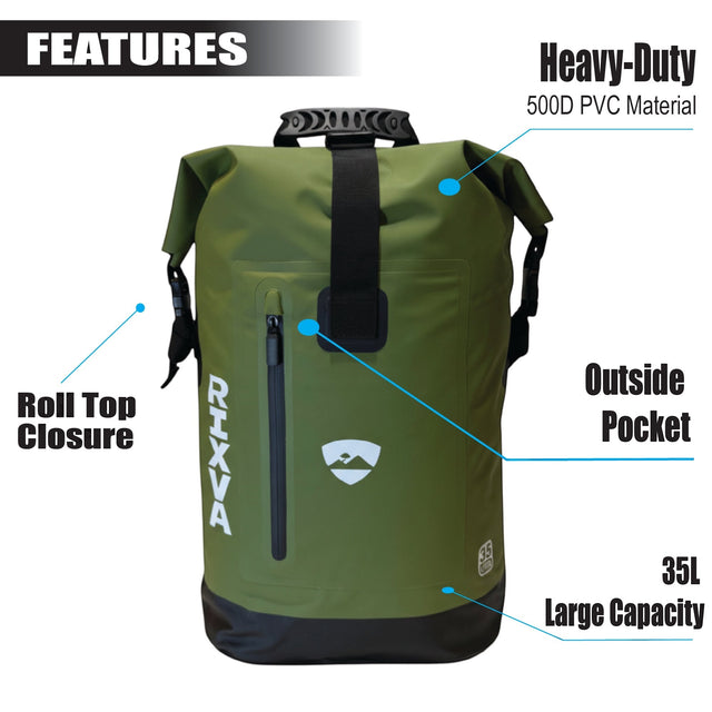 RIXVA 35L olive green waterproof PVC backpack with roll-top closure and front zipper pocket for outdoor adventures.