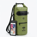RIXVA 10L olive green waterproof dry bag with roll-top closure, exterior pocket, and attached phone pouch.