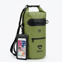 RIXVA 10L olive green waterproof dry bag with roll-top closure, exterior pocket, and attached phone pouch.