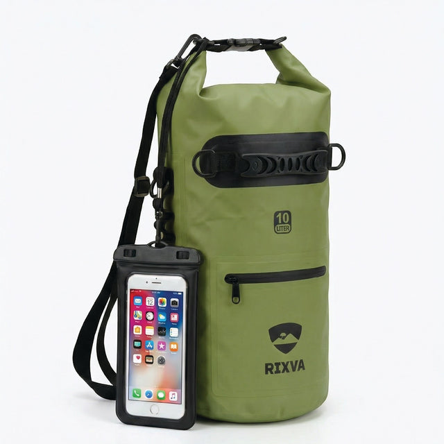 RIXVA 10L olive green waterproof dry bag with roll-top closure, exterior pocket, and attached phone pouch.