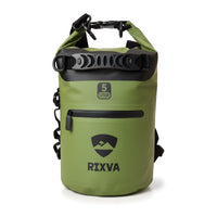 RIXVA 5L olive green waterproof dry bag with roll-top closure, exterior pocket, and durable 500D PVC construction.