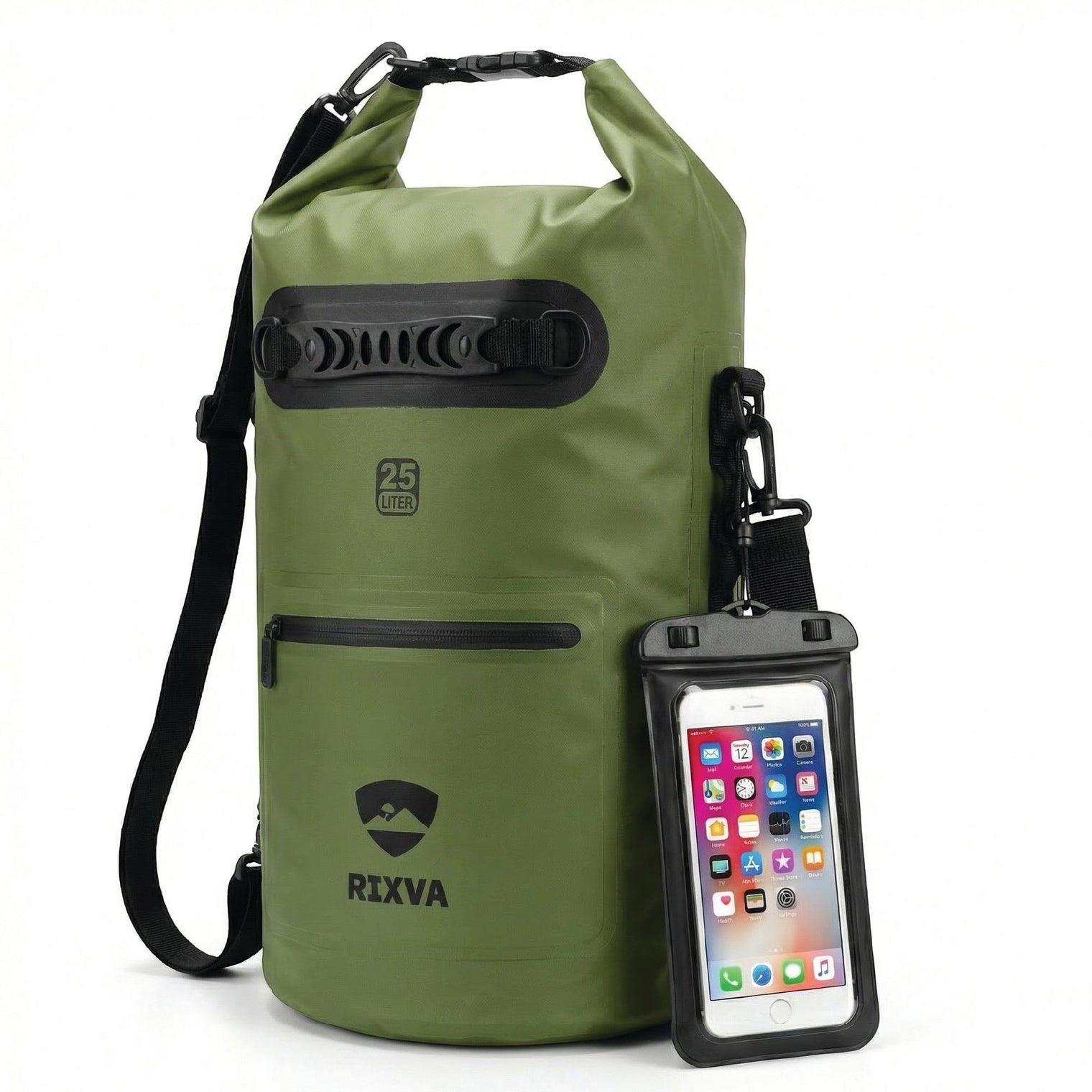 RIXVA 25L olive green waterproof dry bag with roll-top closure, carry handle, and attached waterproof phone pouch.