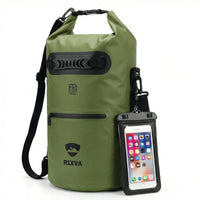 RIXVA 25L olive green waterproof dry bag with roll-top closure, carry handle, and attached waterproof phone pouch.