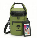 RIXVA 5L olive green waterproof dry bag with roll-top closure, carry handle, exterior pocket, and phone pouch.