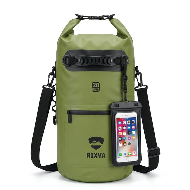 RIXVA 20L olive green waterproof dry bag with roll-top closure, carry handle, front pocket, and phone pouch.