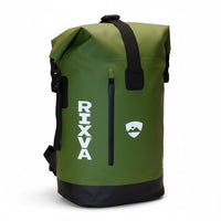 RIXVA 35L olive green waterproof PVC backpack with a roll-top closure and front zipper pocket.