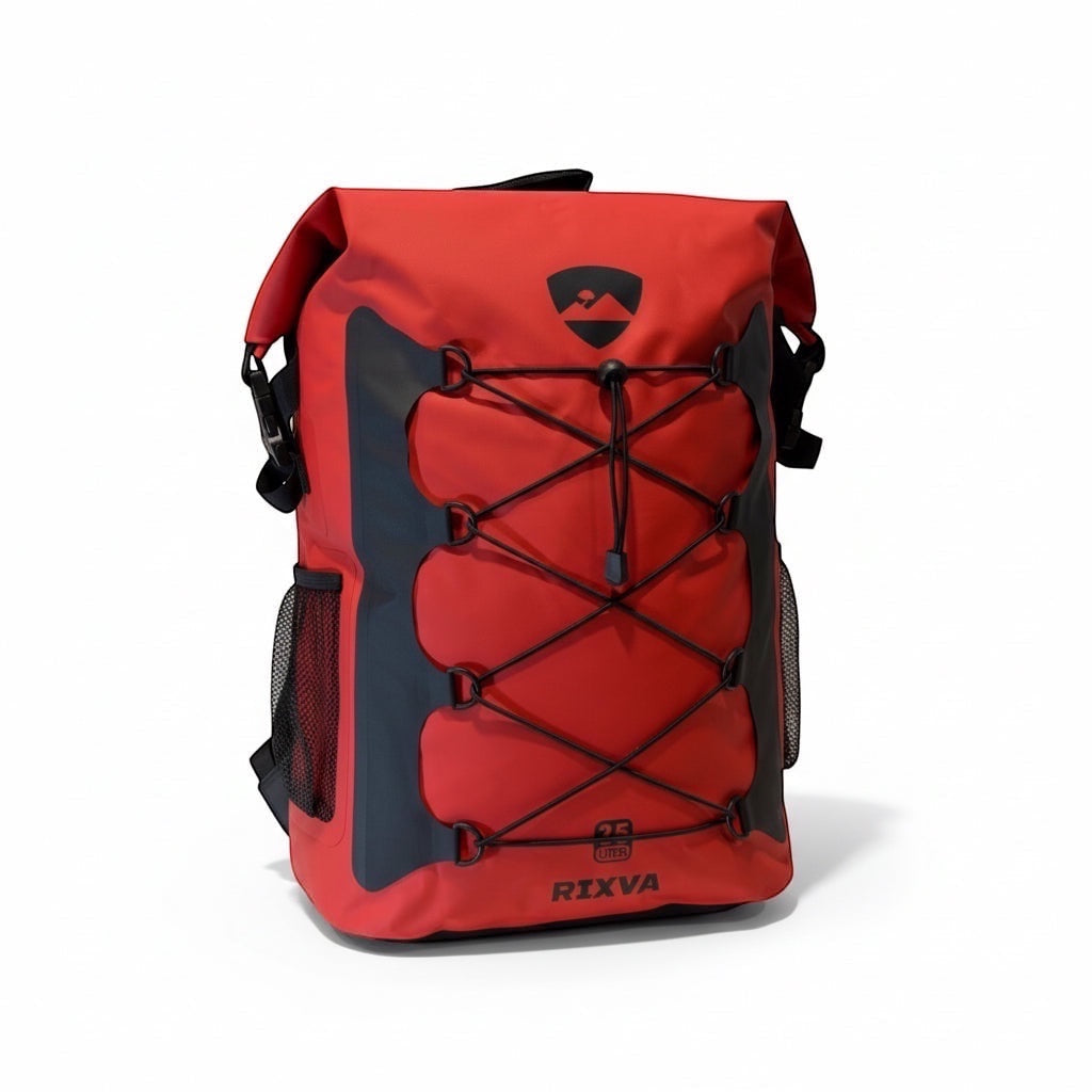 RIXVA 35L red waterproof PVC backpack with roll-top closure and black front elastic bungee storage system.