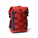 RIXVA 35L red waterproof PVC backpack with roll-top closure and front elastic bungee storage system.