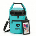 RIXVA 5L waterproof dry bag in teal with roll-top closure, handle, exterior pocket, and phone pouch.