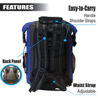 RIXVA 35L waterproof backpack in blue and black PVC with adjustable shoulder straps, waist strap, and carry handle.