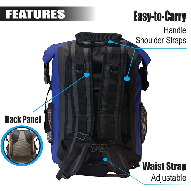 RIXVA 35L waterproof backpack in blue and black PVC with adjustable shoulder straps, waist strap, and carry handle.