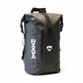 RIXVA 35L waterproof backpack in black heavy-duty PVC with a roll-top closure and front zipper pocket.